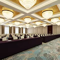 Conference Room Interior Design With Chandeliers Gold White Ceiling Large Screen And Arranged Tables