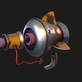 Futuristic Sci Fi Weapon With Metallic Barrel Yellow Grip Red Cable And Silver Body