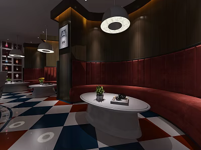 Modern Cinema Interior With Red Seats Round Tables Pendant Lights And Wooden Walls 3d model