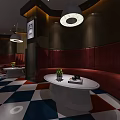Modern Cinema Interior With Red Seats Round Tables Pendant Lights And Wooden Walls