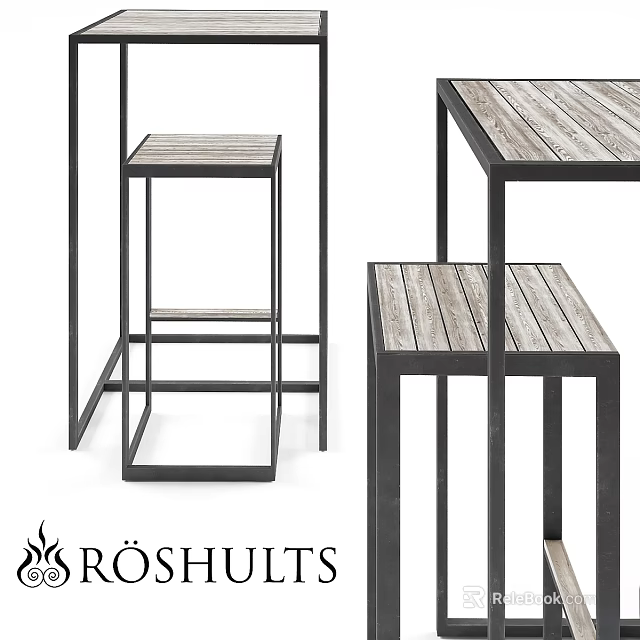 Modern Table and Chair Set with Wooden Tabletop and Black Metal Frame 3d model 