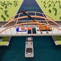 Orange Arch Bridge Construction Over Canal With Cranes Green Trees And Barges Below