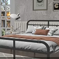 Double Bed With Metal Frame And Pillows In Bright Bedroom Wooden Floor And Natural Light