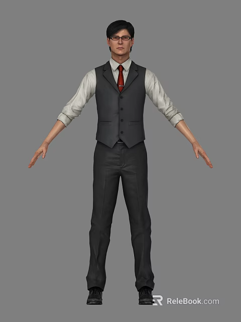 Business Man Wearing Dark Vest White Shirt Red Tie and Black Pants with Arms Outstretched 3d model 