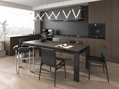 Modern Kitchen Dining Table Set With Black Table Chairs And Countertop 3d model