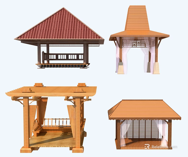 Various Garden Pavilion Designs With Diverse Roof Styles Wooden Frames And Curtain Accents 3d model 