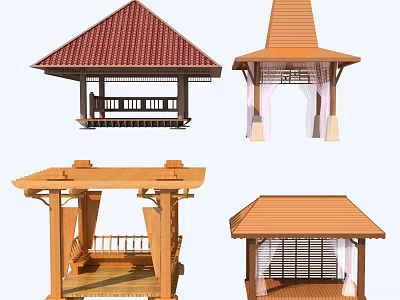 Various Garden Pavilion Designs With Diverse Roof Styles Wooden Frames And Curtain Accents 3d model