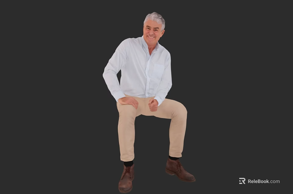 Man in White Shirt Khaki Pants Brown Shoes Sitting Smiling Against Dark Background 3d model 