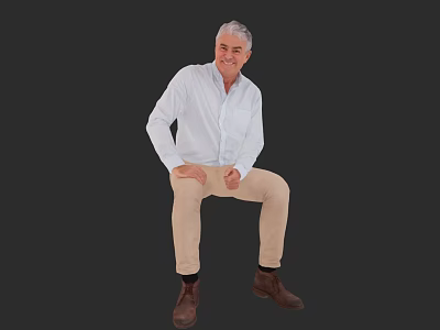 Man in White Shirt Khaki Pants Brown Shoes Sitting Smiling Against Dark Background 3d model