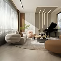 Modern Living Room With Brown White Sofas Round Coffee Table Rug And Plants