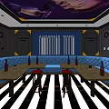 KTV Interior Design With Blue Sofa Seating Tables Wine Bottles Alexander Wang Wall Art And Microphone