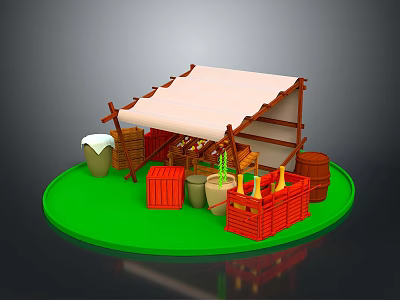 Outdoor Market Stall Scene With Wooden Structure White Canvas Roof Red Crates And Clay Pots 3d model