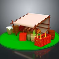 Outdoor Market Stall Scene With Wooden Structure White Canvas Roof Red Crates And Clay Pots