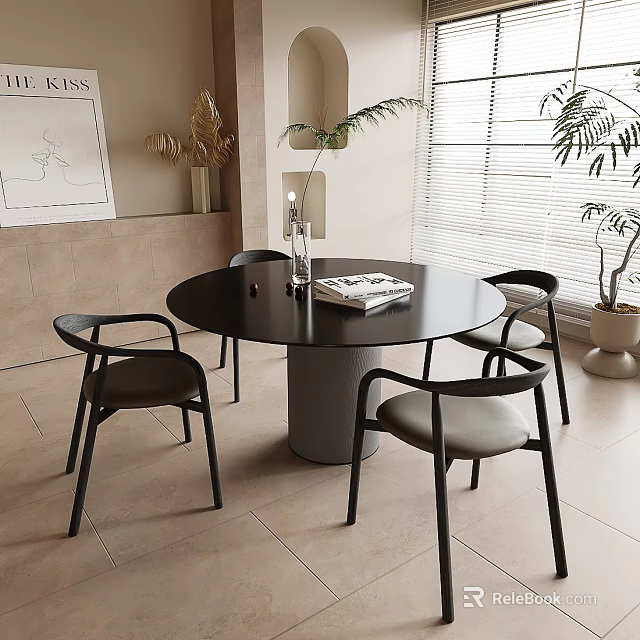 Black Round Dining Table Set with Chairs Gray Cushions Beige Walls Blinds Plants Decorative Print 3d model 