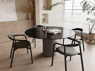 Black Round Dining Table Set with Chairs Gray Cushions Beige Walls Blinds Plants Decorative Print 3d model