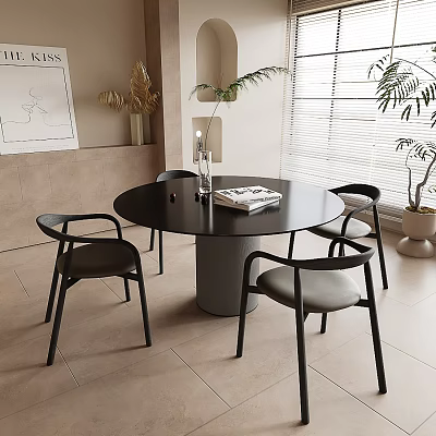 Black Round Dining Table Set with Chairs Gray Cushions Beige Walls Blinds Plants Decorative Print 3d model