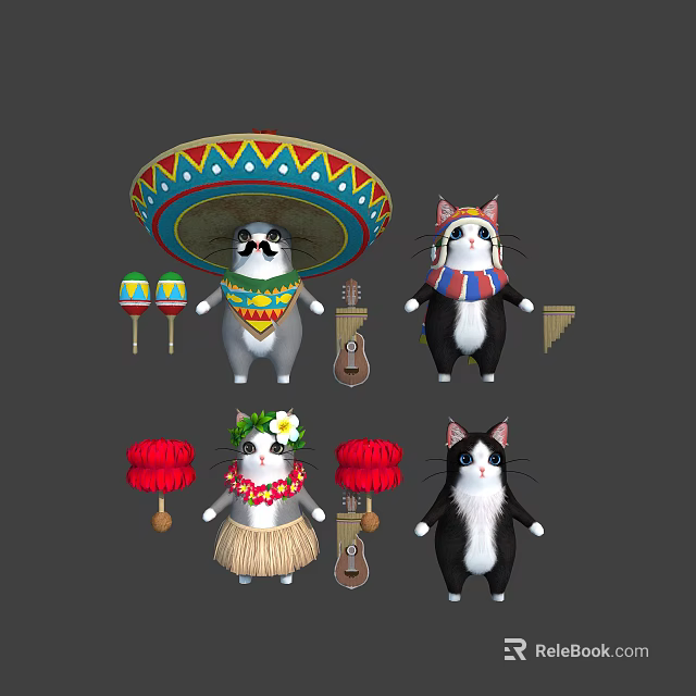 Colorful Cartoon Cat Characters In Festive Ethnic Costumes With Musical Instruments And Props 3d model 