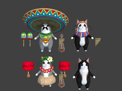 Colorful Cartoon Cat Characters In Festive Ethnic Costumes With Musical Instruments And Props 3d model