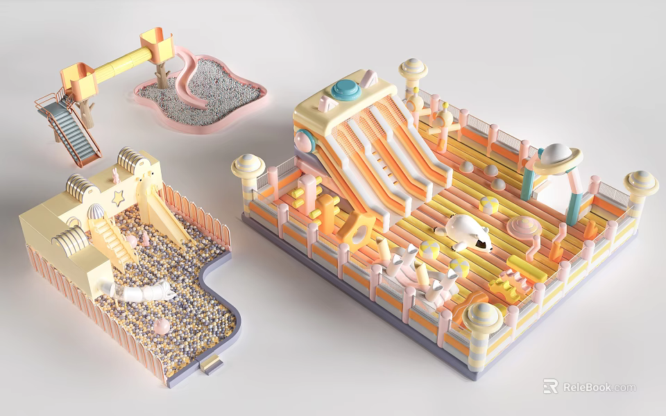 Colorful Kids Playground Equipment With Slides Sandpit Fences And Climbing Structures 3d model 