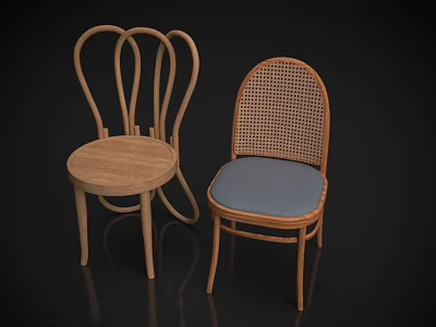 Wooden Leisure Chairs With Curved Rattan Back And Blue Padded Seat Design 3d model