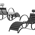 Two Modern Lounge Chairs With Curved Metal Frames And Wooden Backrests
