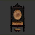 Vintage Dark Wooden Chair With Carved Details And Orange Patterned Cushion And Round Stool