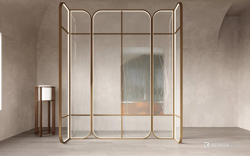 Modern Room Divider With Golden Metal Frame And Transparent Glass Panels In Elegant Interior 3d model 