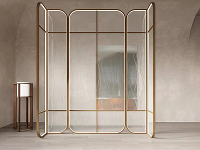 Modern Room Divider With Golden Metal Frame And Transparent Glass Panels In Elegant Interior 3d model