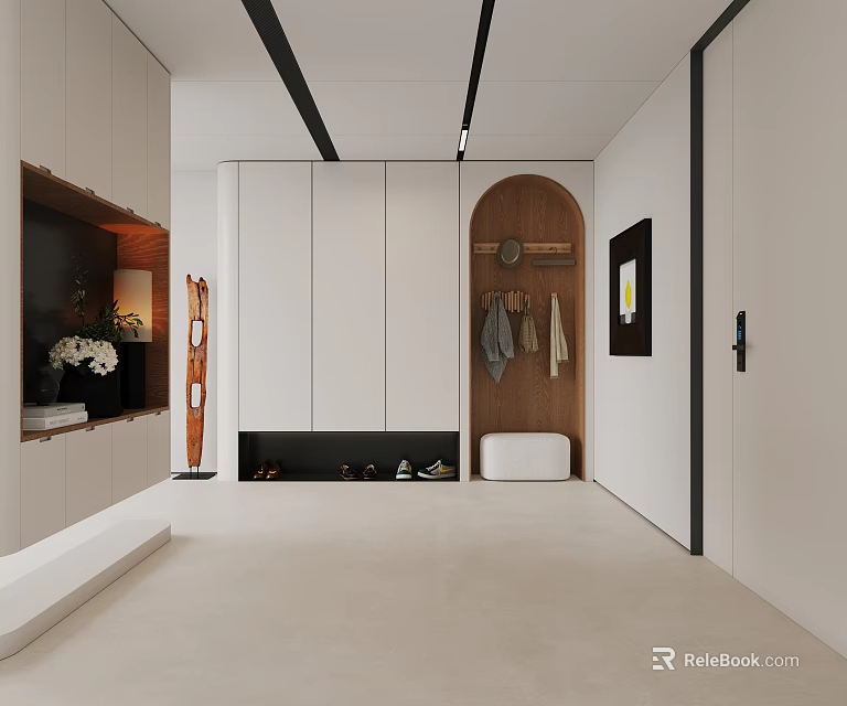 Modern Entryway Hallway Interior Design With Storage Cabinets Shoe Storage Coat Hooks And Decorative Artwork 3d model 