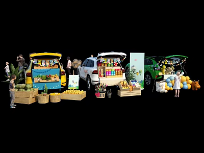 Mobile Commercial Equipment Featuring Trunk Display Stalls Baskets for Fresh Produce Vending 3d model