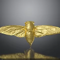 Golden Bee Shiny Metallic Sculpture With Detailed Wings And Body On Dark Reflective Surface