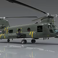 Green Military Helicopter with American Flag Insignia and Yellow Stripes