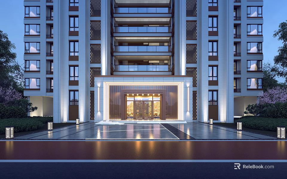 Modern High Rise Building Entrance Gate with Elegant Porch Columns Glass Doors and Warm Lighting 3d model 