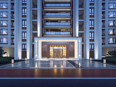Modern High Rise Building Entrance Gate with Elegant Porch Columns Glass Doors and Warm Lighting 3d model