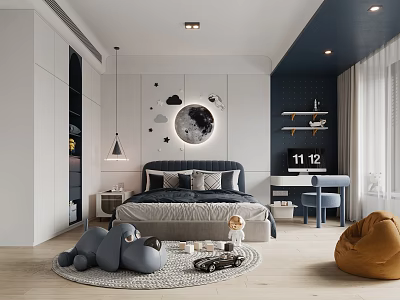 Modern Kids Bedroom With Moon Decor Plush Toys And Bean Bag 3d model