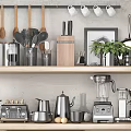 Organized Kitchen Shelves Displaying Assorted Cooking Utensils Pots Blender Knives Jars And Green Plants