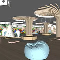 Modern Kindergarten Interior Design With Wooden Pillars Hanging Birdhouse Decorations Colorful Blocks And Soft Poufs