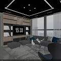 Modern Living Room Interior With Gray Sofa Ottomans Glass Coffee Table Wooden Bookshelf Large Windows And Green Plant