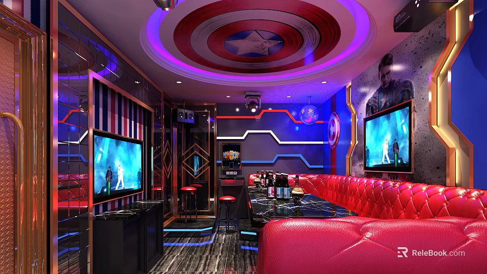 Modern KTV Interior Design With Red Sofas Multiple TVs Neon Lights And Circular Ceiling 3d model 