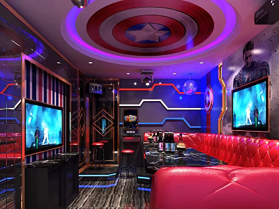 Modern KTV Interior Design With Red Sofas Multiple TVs Neon Lights And Circular Ceiling 3d model