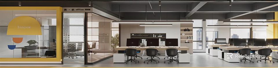Modern Public Office Space With Open Layout Long Desk Black Chairs And Computer Monitors 3d model