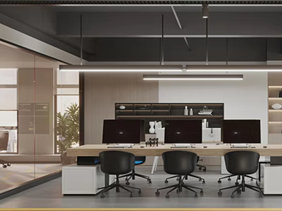 Modern Public Office Space With Open Layout Long Desk Black Chairs And Computer Monitors 3d model