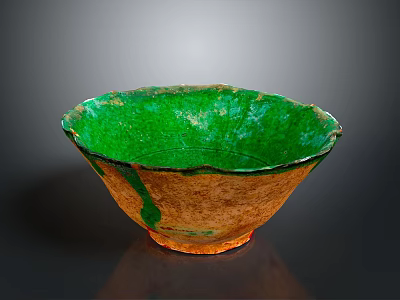 Green Glazed Ceramic Bowl With Rustic Brown Base And Textured Surface 3d model