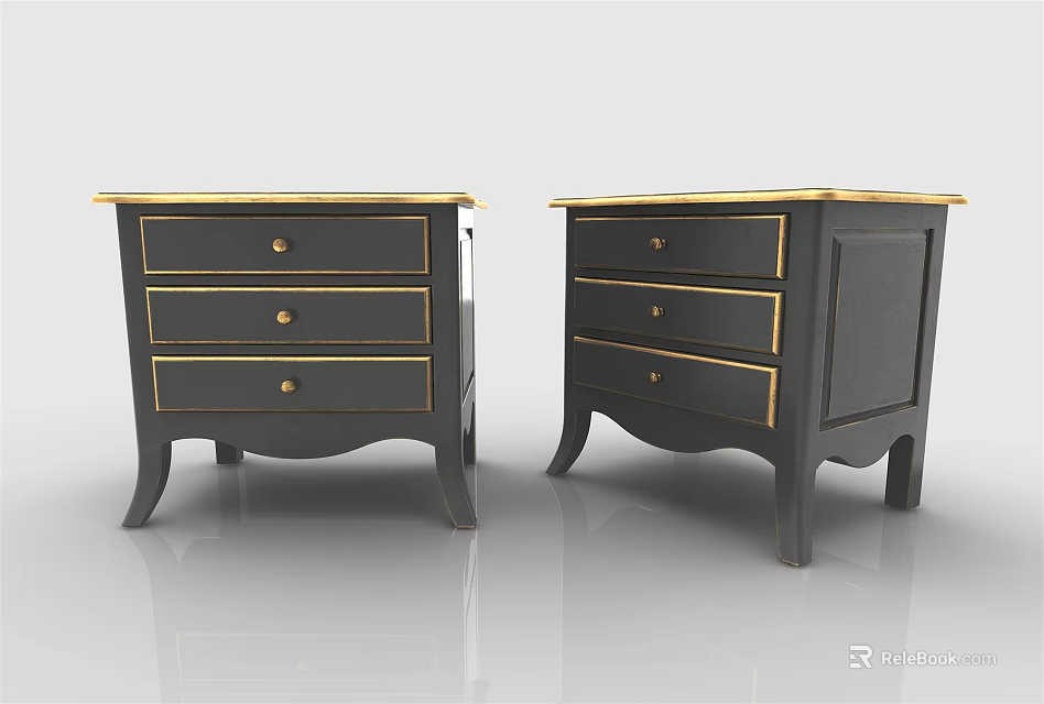 Dark Modern Bedside Tables With Gold Accents Three Drawers And Tapered Legs 3d model 