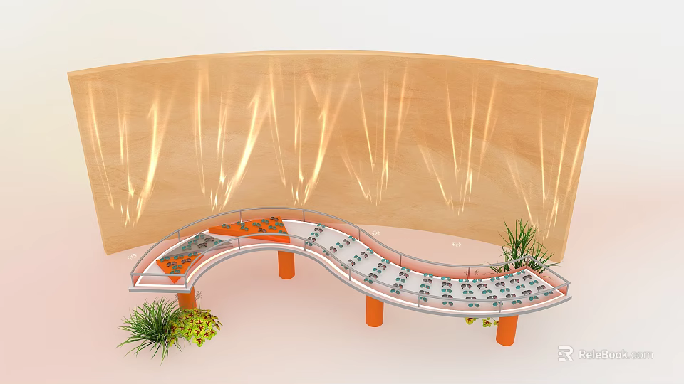 Elegant Curved Display Shelf For Retail Eyewear With Warm Wooden Backdrop And Decorative Green Plants 3d model 