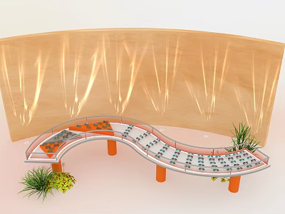 Elegant Curved Display Shelf For Retail Eyewear With Warm Wooden Backdrop And Decorative Green Plants 3d model