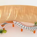 Elegant Curved Display Shelf For Retail Eyewear With Warm Wooden Backdrop And Decorative Green Plants
