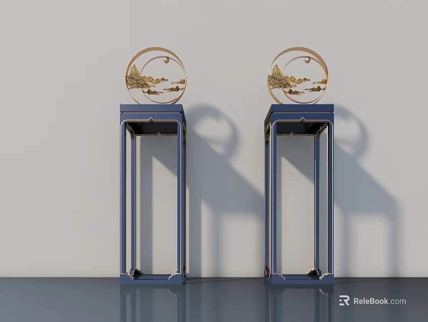 Circular Golden Landscape Sculptures On Blue Metal Pedestals Interior Decor 3d model 