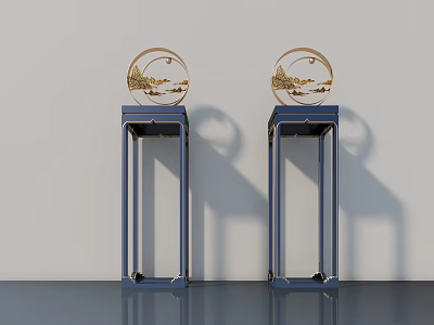 Circular Golden Landscape Sculptures On Blue Metal Pedestals Interior Decor 3d model