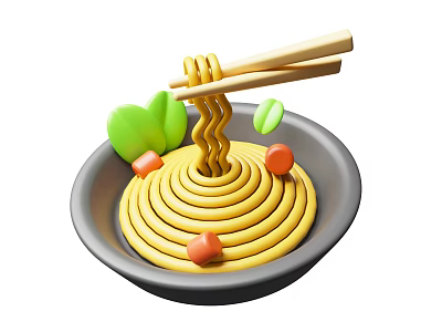 Bowl of Delicious Yellow Noodles with Green Vegetables and Diced Carrots Lifted by Wooden Chopsticks 3d model